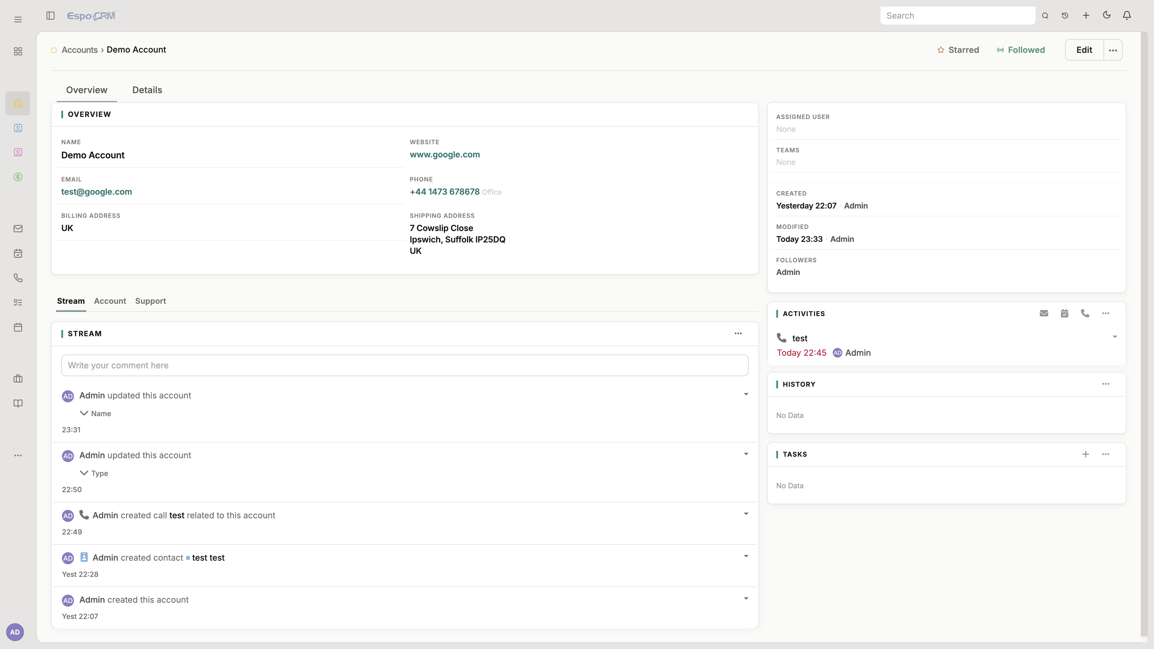 Aether theme on an EspoCRM account detail page with collapsed navigation (light)